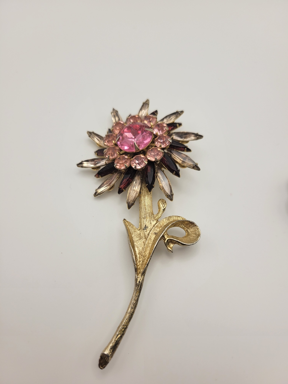 Pink Crystal Flower Brooch with Gold Stem
